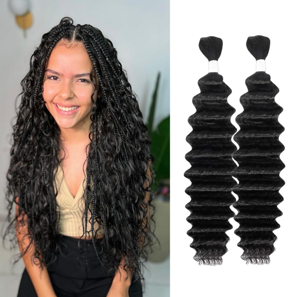 Deep Wave Human Braiding Hair 18Inch 2 Bundles 100g Bulk Human Hair for Braiding No Weft Human Braiding Hair for Boho Braids Wet and Wavy 100%