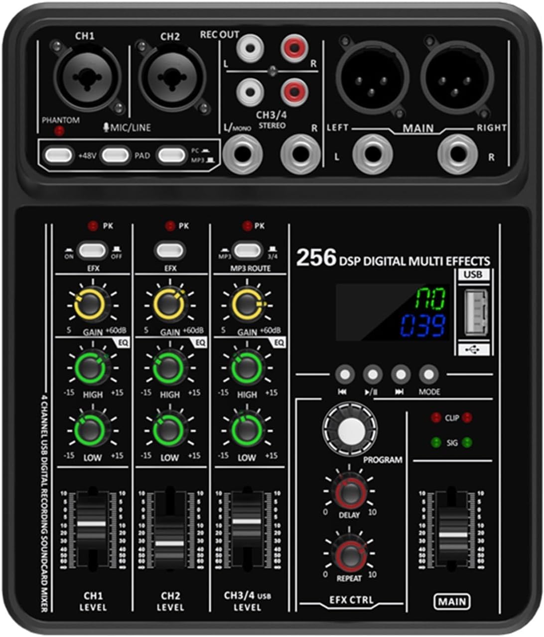DJ Controller, 4 Channel 256 DSP Mixer 48V Phantom Power USB Studio Sound Mixers Bluetooth DJ Console Mixing