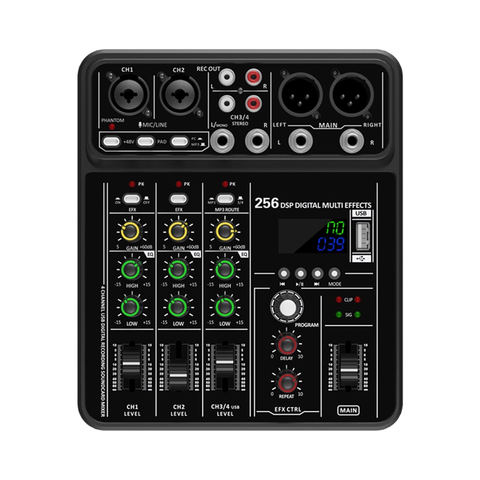 DJ Controller, 4 Channel 256 DSP Mixer 48V Phantom Power USB Studio Sound Mixers Bluetooth DJ Console Mixing