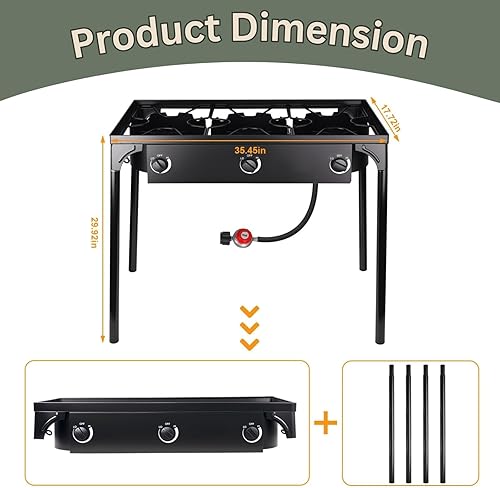 Miniatura 3 de Estufa para exteriores, 3 quemadores, estufa de campamento de gas propano de alta presión con patas desmontables, perfecta para camping patio
