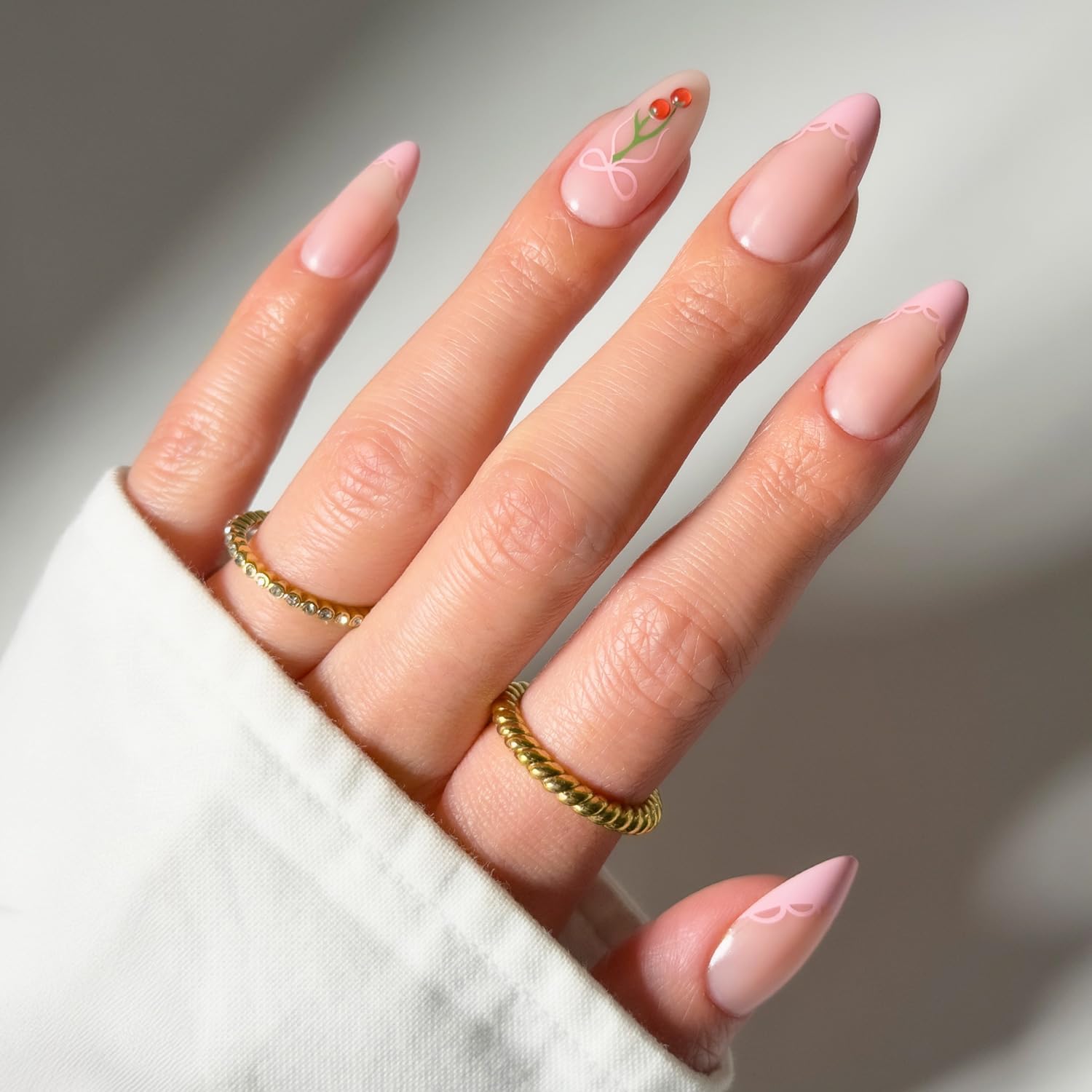 Press On Nails - Cherry Bow | Medium Almond Fake Nails with Pink French Tips, Lace Trim & 3D Cherry Accents in Glossy Finish, Salon Quality | 15 Sizes - 30 Nail Kit with Glue