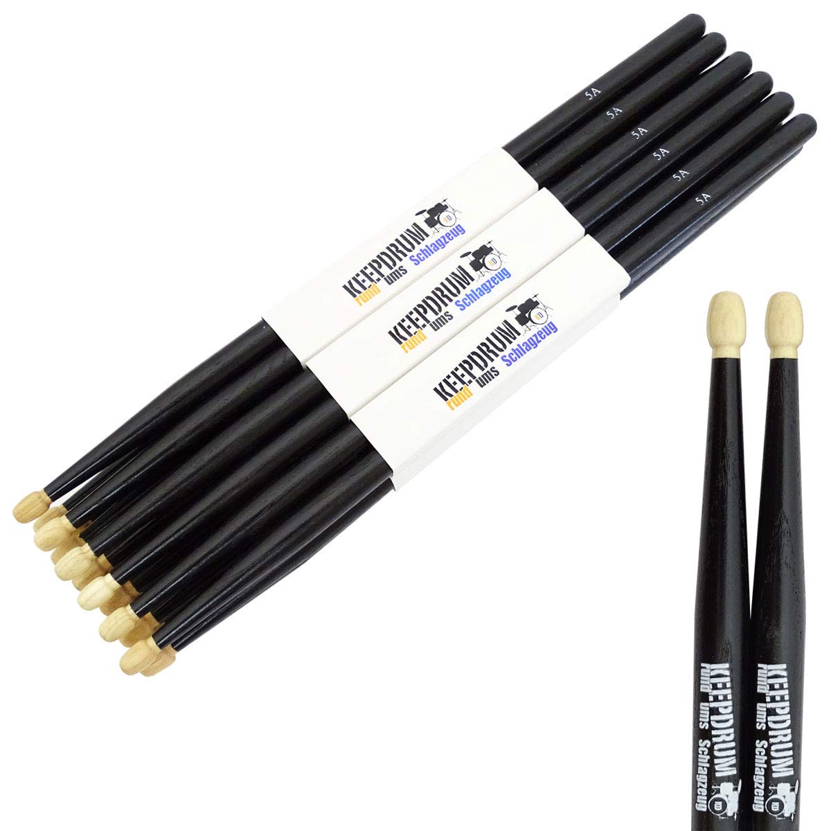 keepdrum 5A Black Hickory Drumsticks Schlagzeug-Stöcke Schwarz 12 Paar