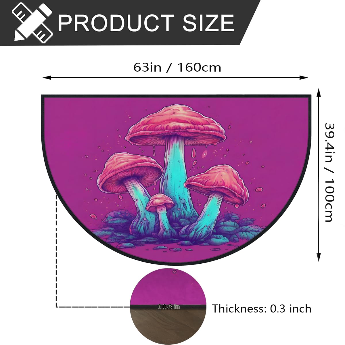 Mexpekil Paillasson demi-lune motif champignon rose fluo pour intérieur et extérieur - Demi-cercle - Tapis de sol absorbant la saleté - Demi-rond - 100 x 160 cm