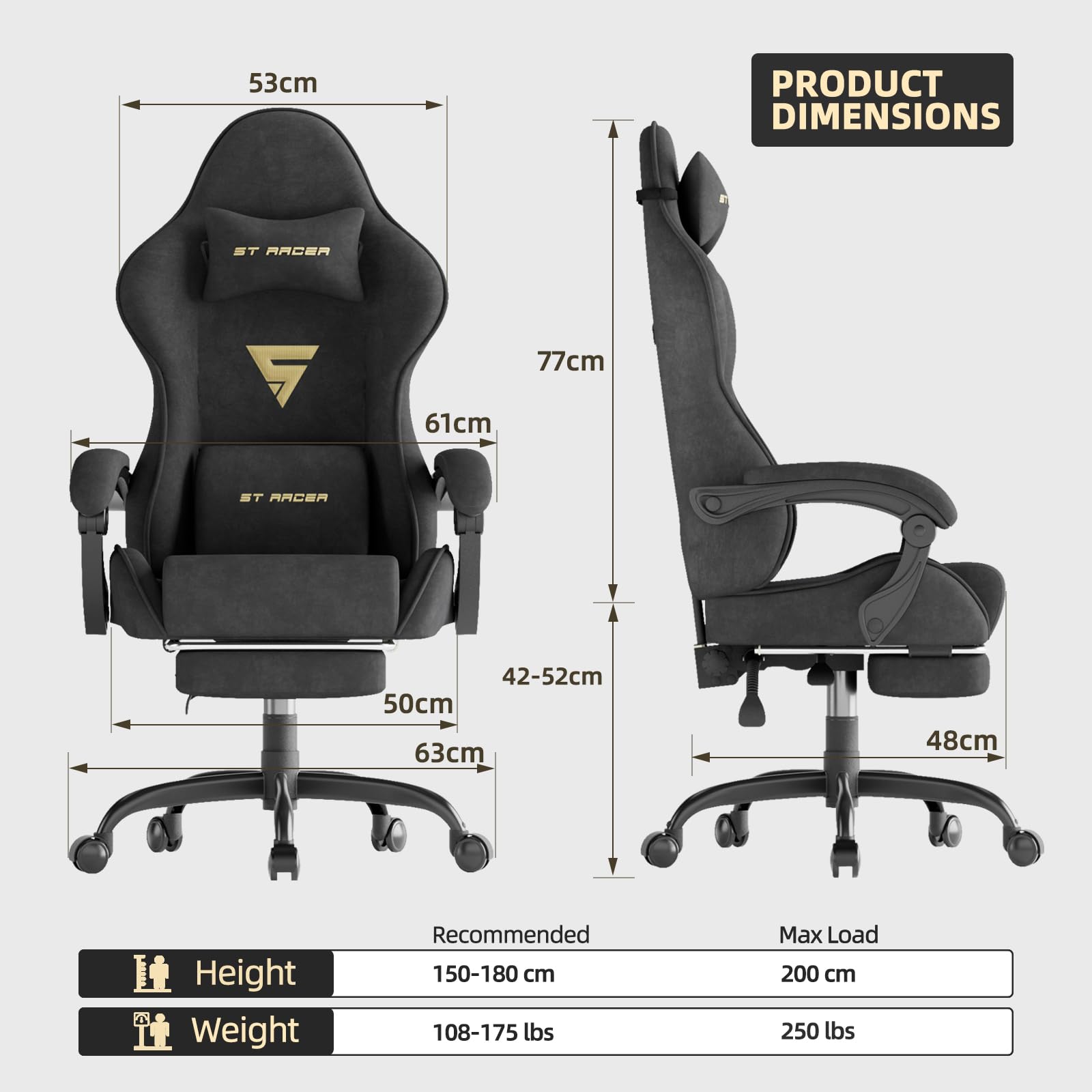 Ferghana Chaise Gaming Chaise Ergonomique Bureau Tissu Fauteuil Gaming en Tissu Velours, avec Coussin Lombaire De Massage, Coussin De Nuque, Repose-Pied, Capacité de Poids de 250lb, Noir