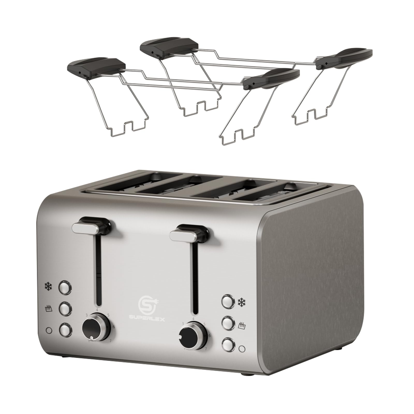 Tostapane a 4 fette con fessura lunga, in acciaio inox, 1600 W, argento, 7 livelli, sistema Dual Control con cassetto briciole, tostapane multifunzionale per scongelare e riscaldare