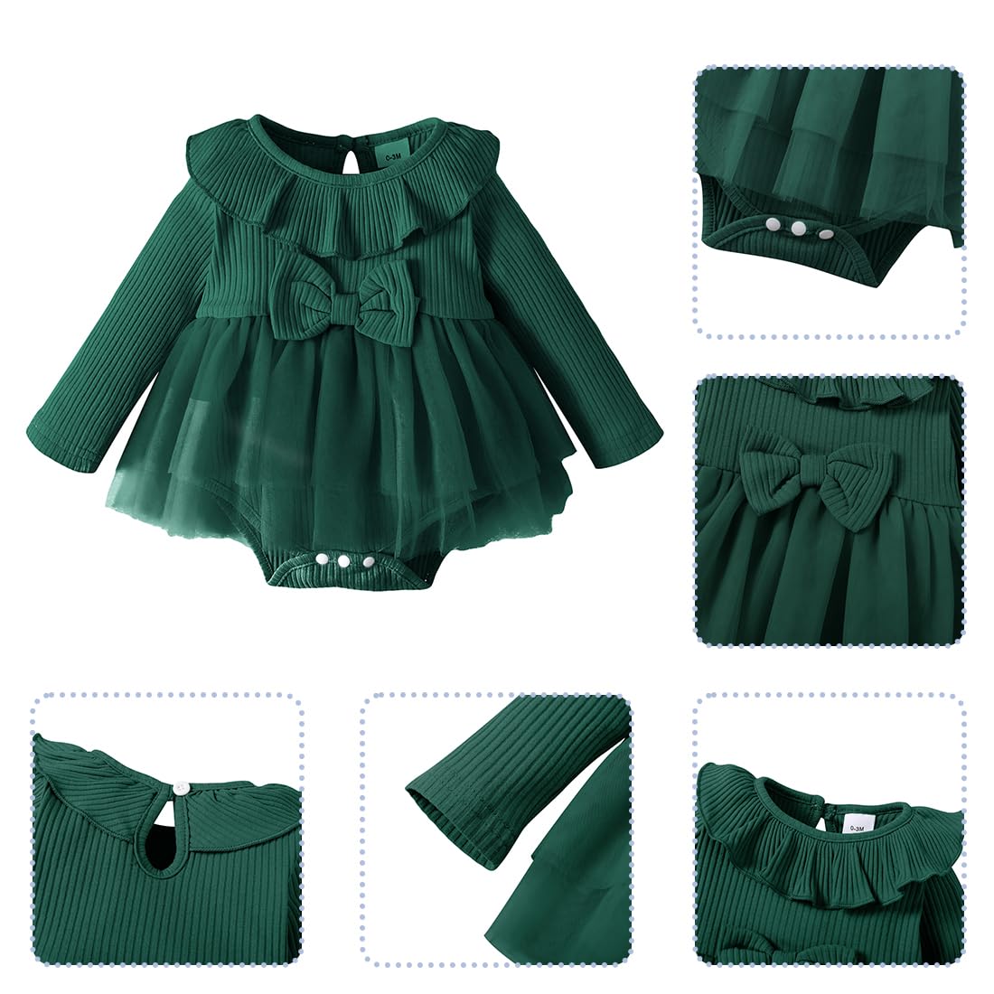 Infant Baby Girl Long Sleeve Sweater Romper Dress Toddler Ruffle Neck Fall Winter Clothes Newborn Christening Baptism Easter Tulle Tutu Dress Kids Flower Girl Wedding Outfit Emerald Green 0-3M