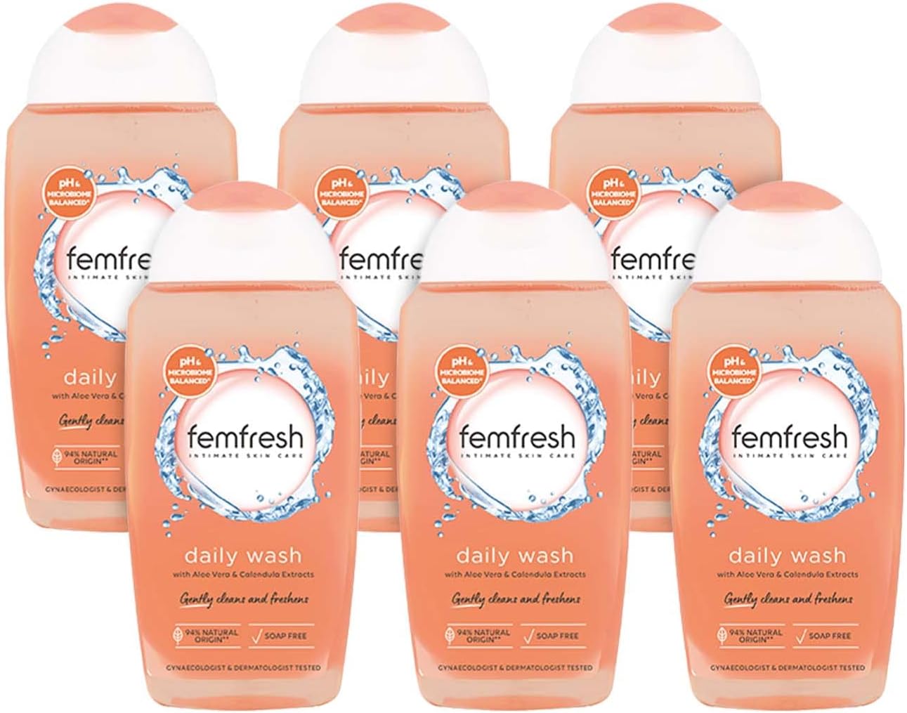 Femfresh Intimate Wash 250ml, Daily pH-Balanced Cleanser, Soap Free, Aloe Vera and Calendula, Hypoallergenic, Dermatologist and Gynaecologist Tested, Suitable for Sensitive Skin (Pack of 6)