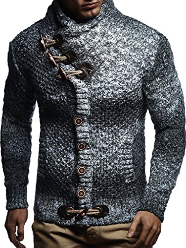 Leif Nelson LN20738 Men's Knitted Turtleneck Cardigan with Faux Leather Accents