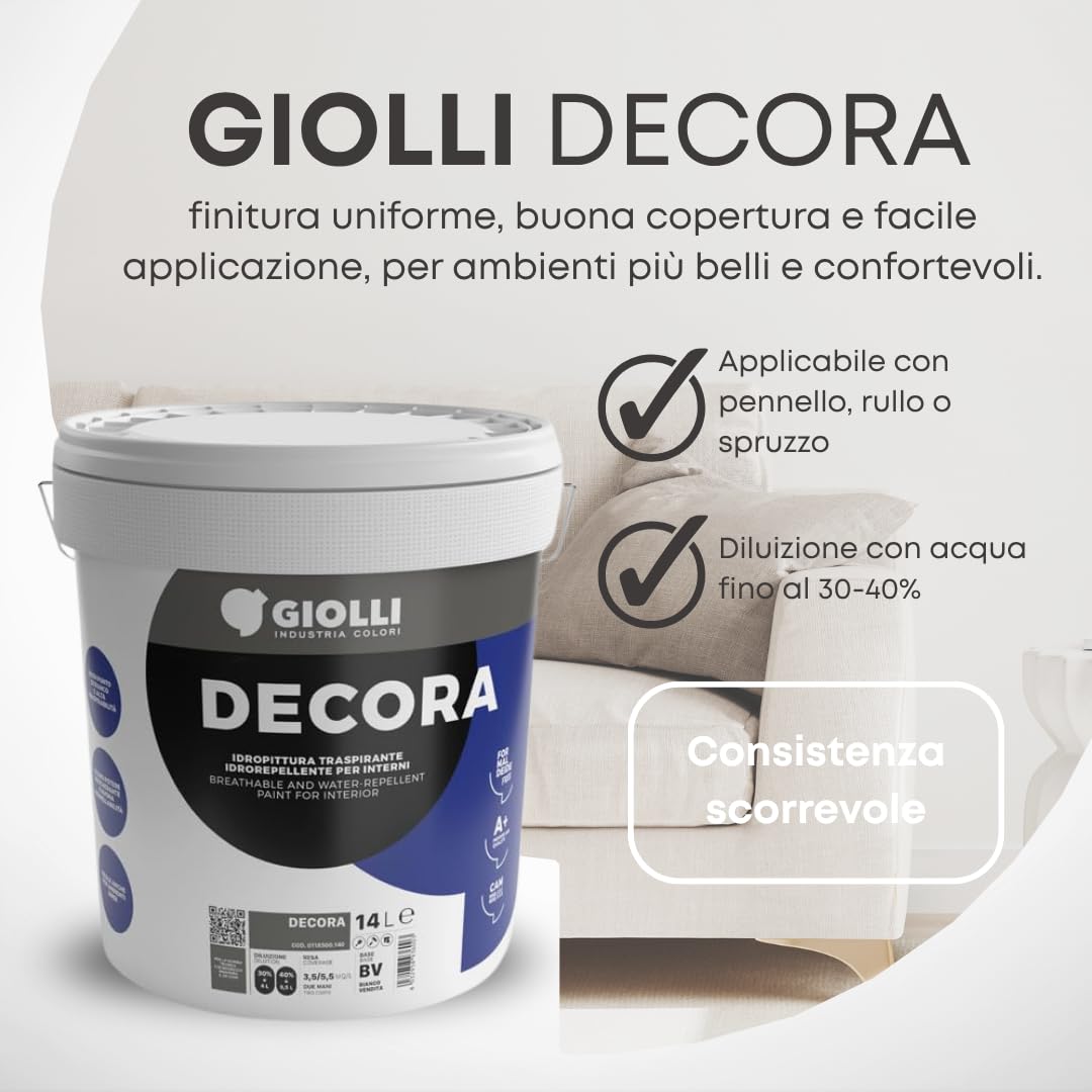 Giolli industria colori | Pittura Bianca per Interni Lavabile Giolli Decora - Idropittura Murale ad Azione Traspirante - Vernice Bianca da Muro Interno a Mano Unica - 14 L