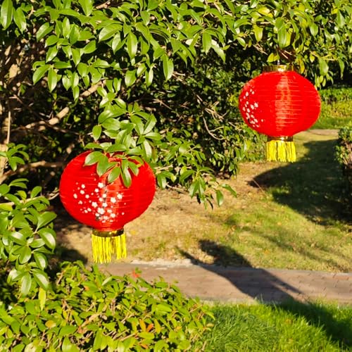 Image of KYMY Cherry Blossom Red Lanterns, 2pcs Japanese Spring Festival Sakura Silk Fabric Lanterns 11.8 inch, Oriental Style Flower Lanterns for Asian Lunar New Year Home Resturant Wedding Party Decoration