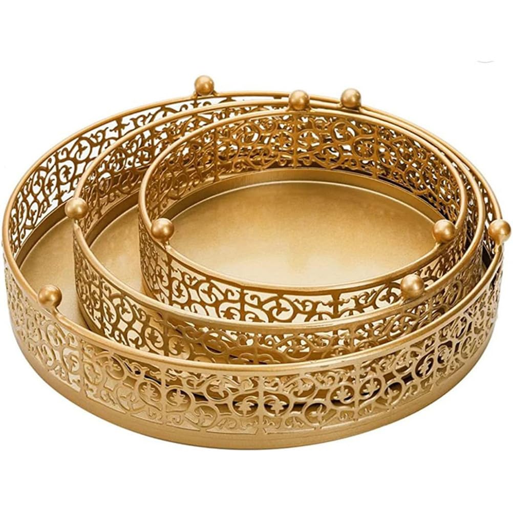 Lot de trois supports à gâteaux ronds en métal creux avec pieds sphériques et plateaux à dessert en couches dorées pour mariage, anniversaire, thé de l'après-midi, buffet, boulangerie, décoration de