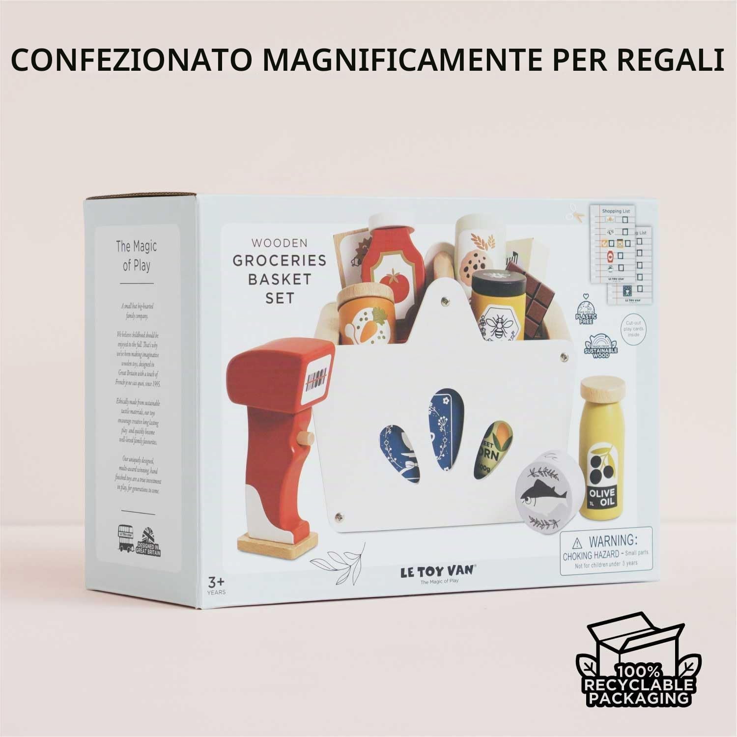 Le Toy Van Gioco educativo in legno cestino spesa e scanner, per bambini dai 2 anni, 13 accessori inclusi, gioco ecologico, Montessori, in legno certificato FSC e colori a base d'acqua