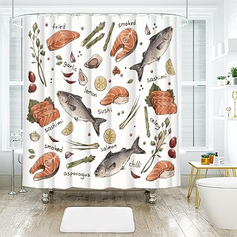 Beddinginn Salmon Fish Shower Curtain 71x71 Inch Rustic Ocean Fish Polyester Fabric Bathroom Shower Curtains with Sushi Salmon Ingrediants Print and Hooks Cover