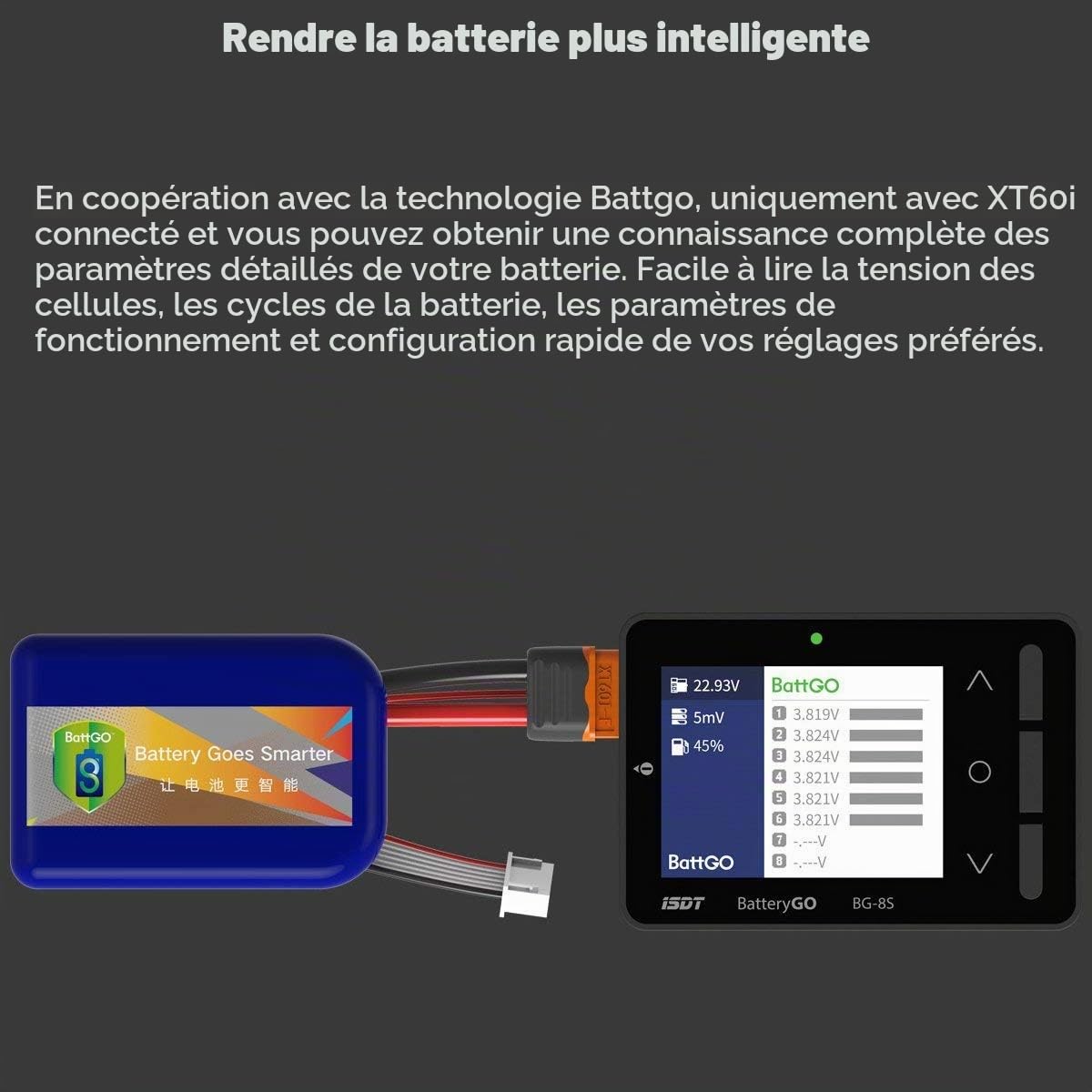 ISDT BG-8S Testeur de capacité de batterie, écran LCD, testeur de tension pour batteries LiPo/Life/Li-ion/NiMH/Nicd