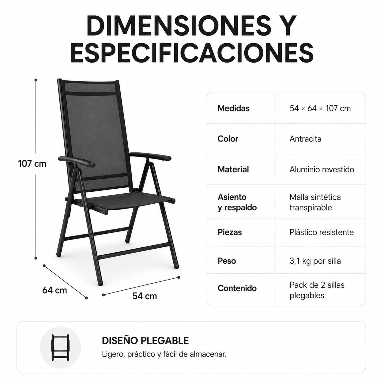 Pack de 2 Sillas Plegables de Jardín con Reposabrazos – Silla con Estructura de Acero Ligero y Tela Mesh Transpirable, Respaldo Alto y Plegable para Terraza, Patio, Jardín y Camping – Color Negro