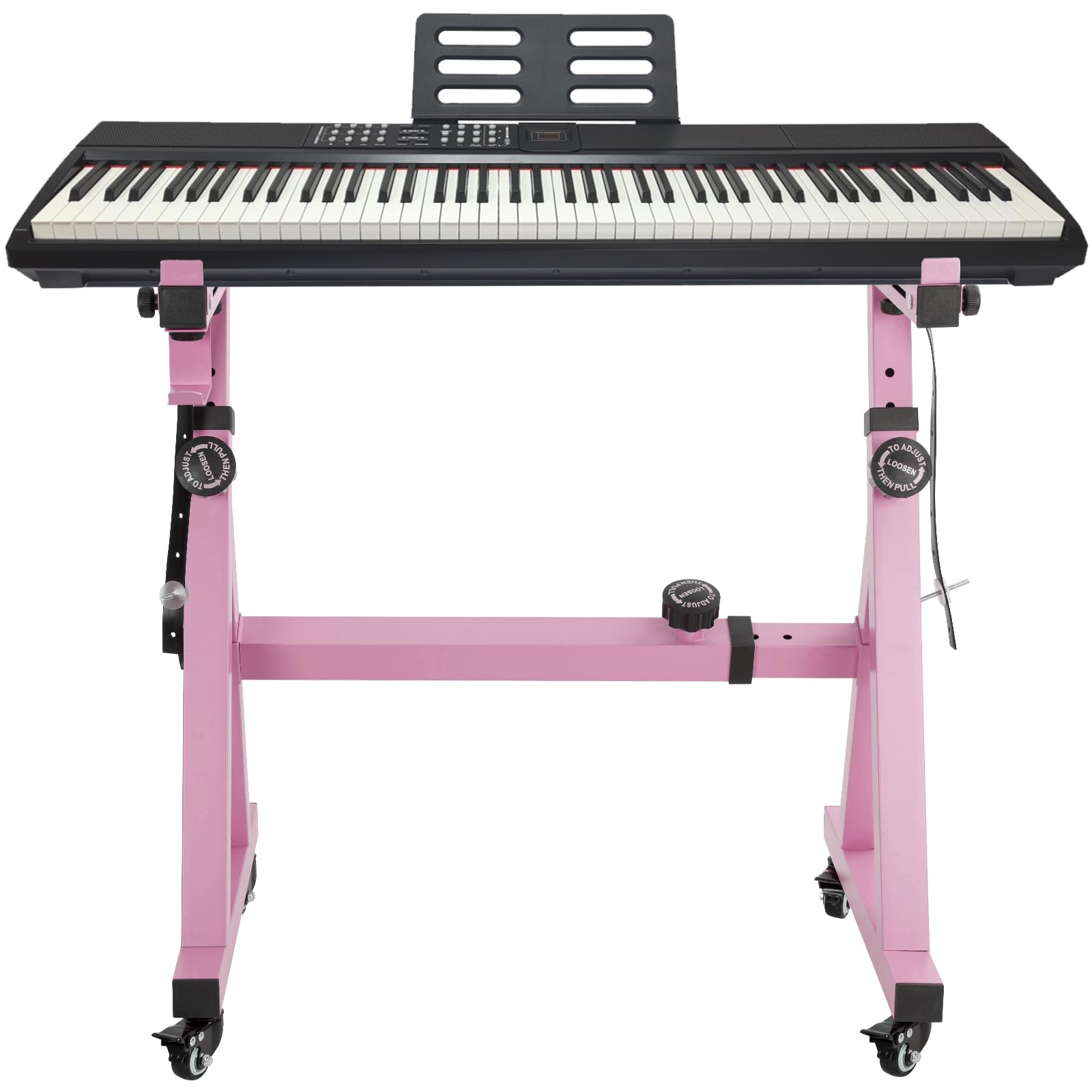 OUUTMEE Soporte para teclado, ruedas, soporte para teclado, forma de Z, ajustable, con riel deslizante, fácil de usar (Z-Rosa) | Con ruedas, fácil de usar, rango de altura: 55 – 87 cm, con soporte para auriculares, adecuado para ejercicios y actuaciones