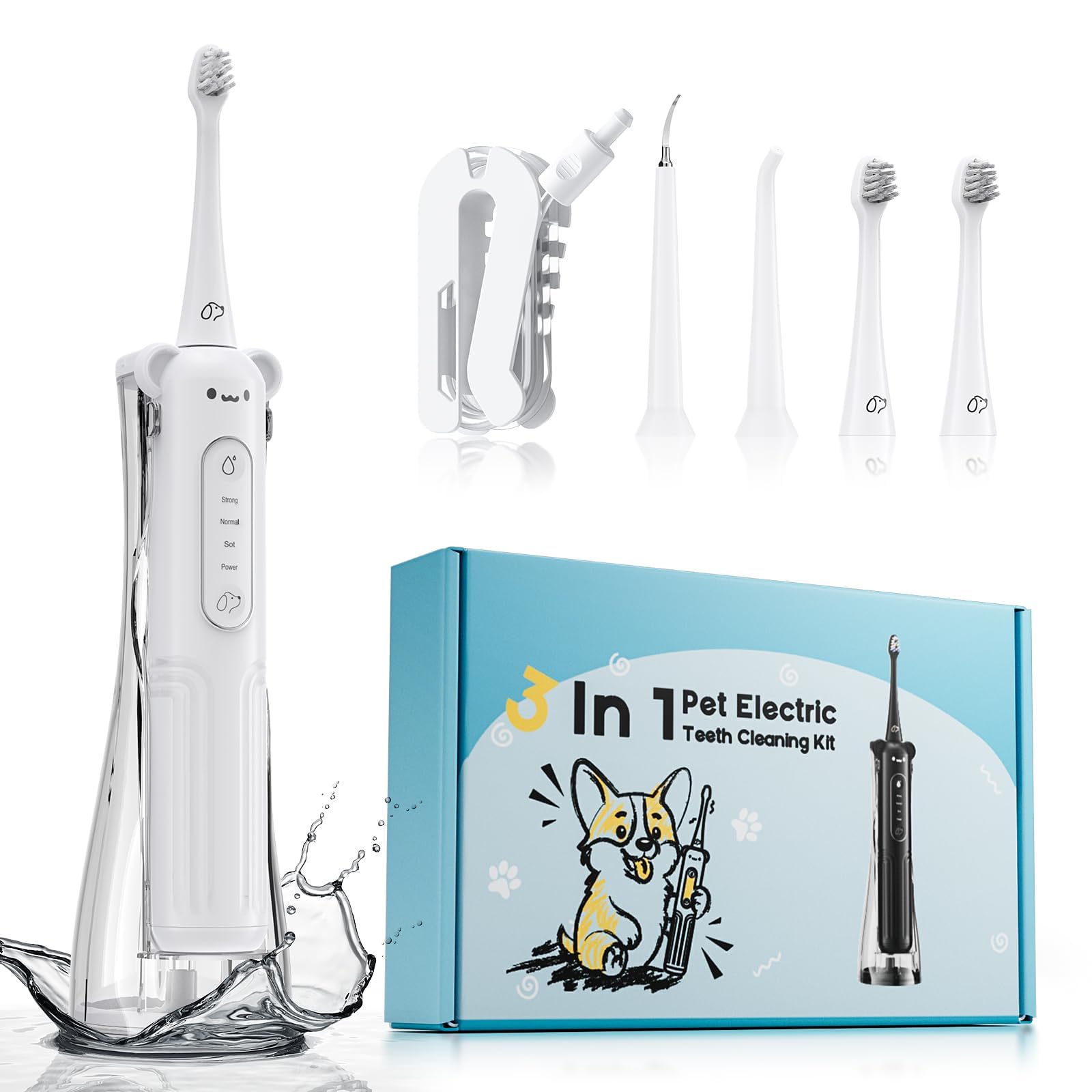 Dog Tooth Brushing Kit, 3-in-1 Dog Electric Toothbrush with Water Flosser, Dog Teeth Cleaning Tools with 3 Modes, Deep Cleaning Kit for Dogs and Cats, IPX7, 1100mAh Battery, White