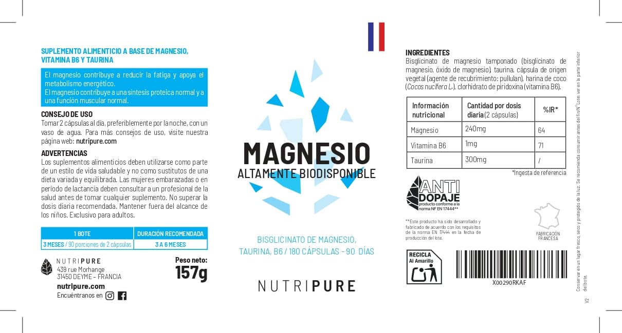 Nutripure | Magnesio Bisglicinato + Taurina & Vitamina B6 | Alta Absorción & Concentración | Antifatiga | 100% Vegano | 180 Cápsulas Vegetales | Tratamiento de 3 Meses | Made in France