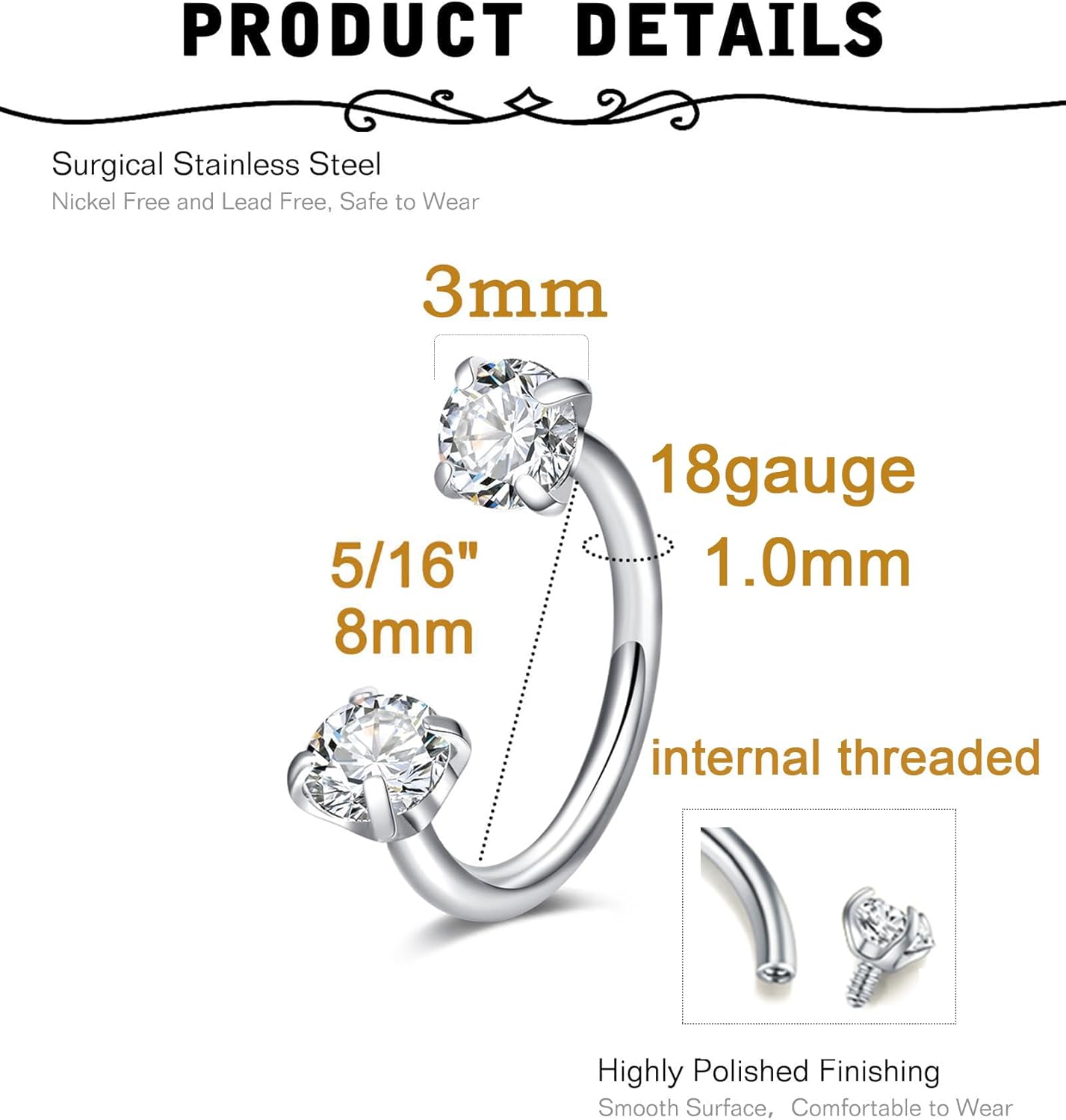 MODRSA Silver Cartilage Earrings for Women Helix Piercing Jewelry Opal Hoop Earring Small Tragus Helix Cartilage Hoop Second Hole Earrings for Women Septum Ring 18g Horseshoe Nose Ring Hoops 8mm - Image 3