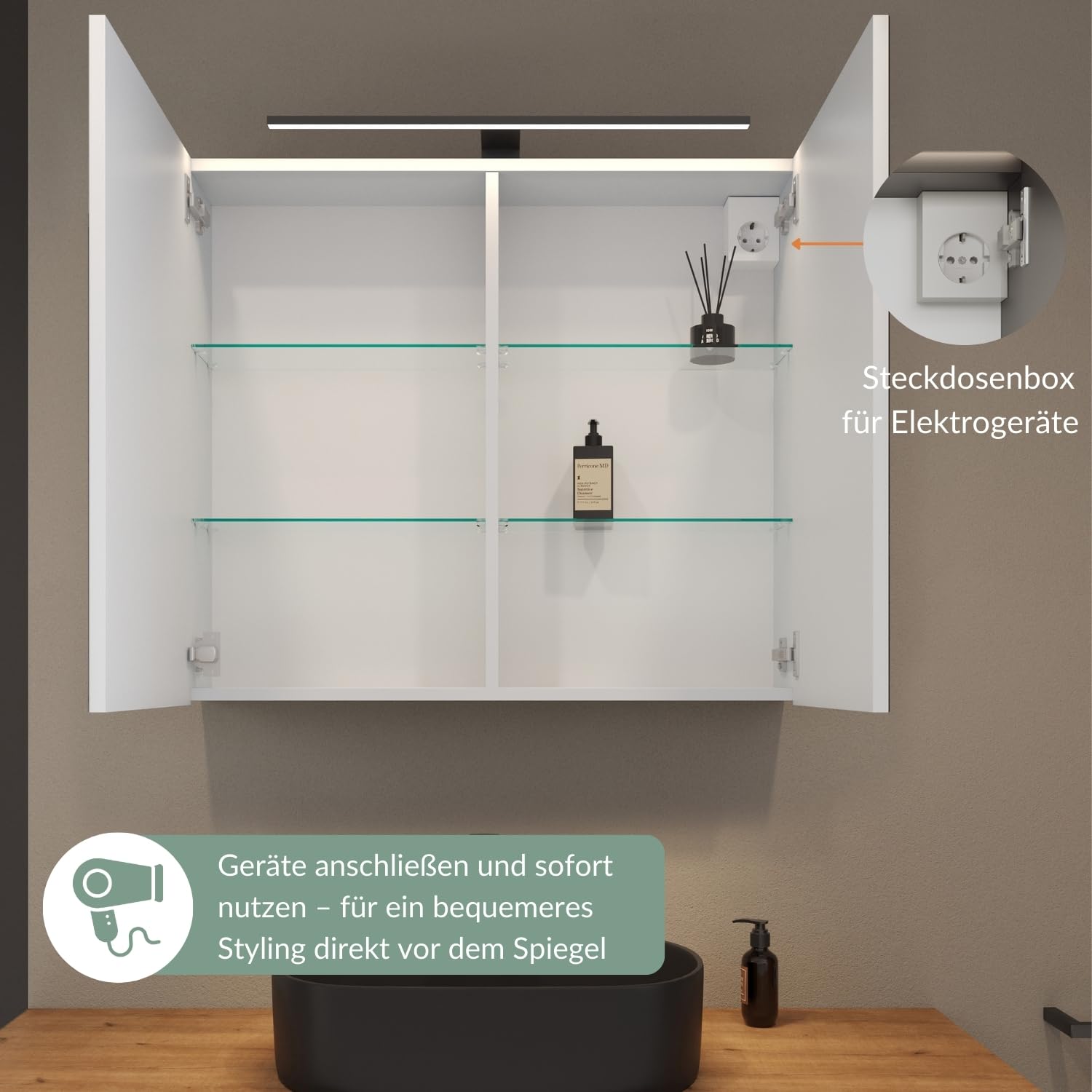 Planetmöbel ARIA Spiegelschrank Bad mit Beleuchtung 80 cm breit | Badschrank hängend mit Spiegel | Weiß Grau, mit Leuchte und Steckdose, Spiegelschrank Gäste WC 80 x 70 x 16 cm