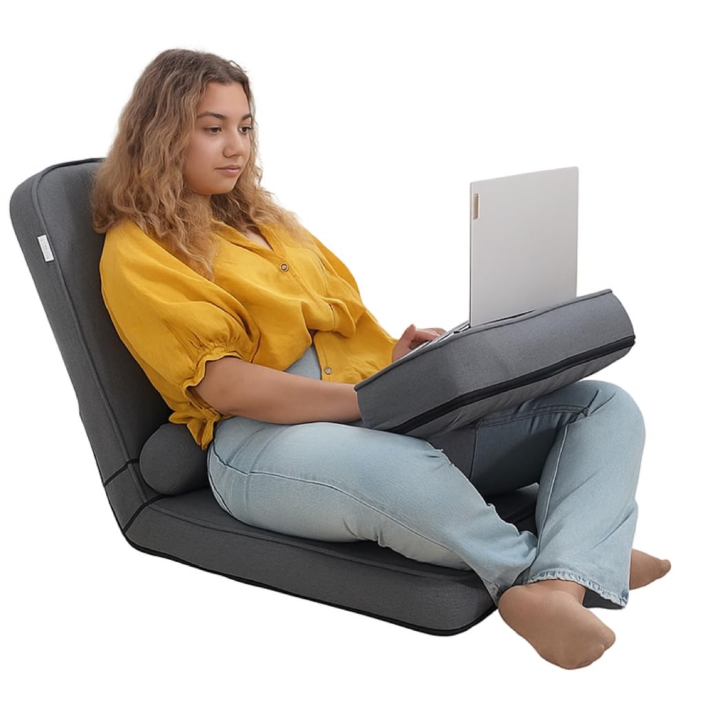 Kawachi Multipurpose Recliner Laptop Table with Foldable Portable Floor Chair – Adjustable Cushion Seat with Ergonomic Backrest for Work, Gaming, Relaxation, Reading, and Home Office Use – Grey
