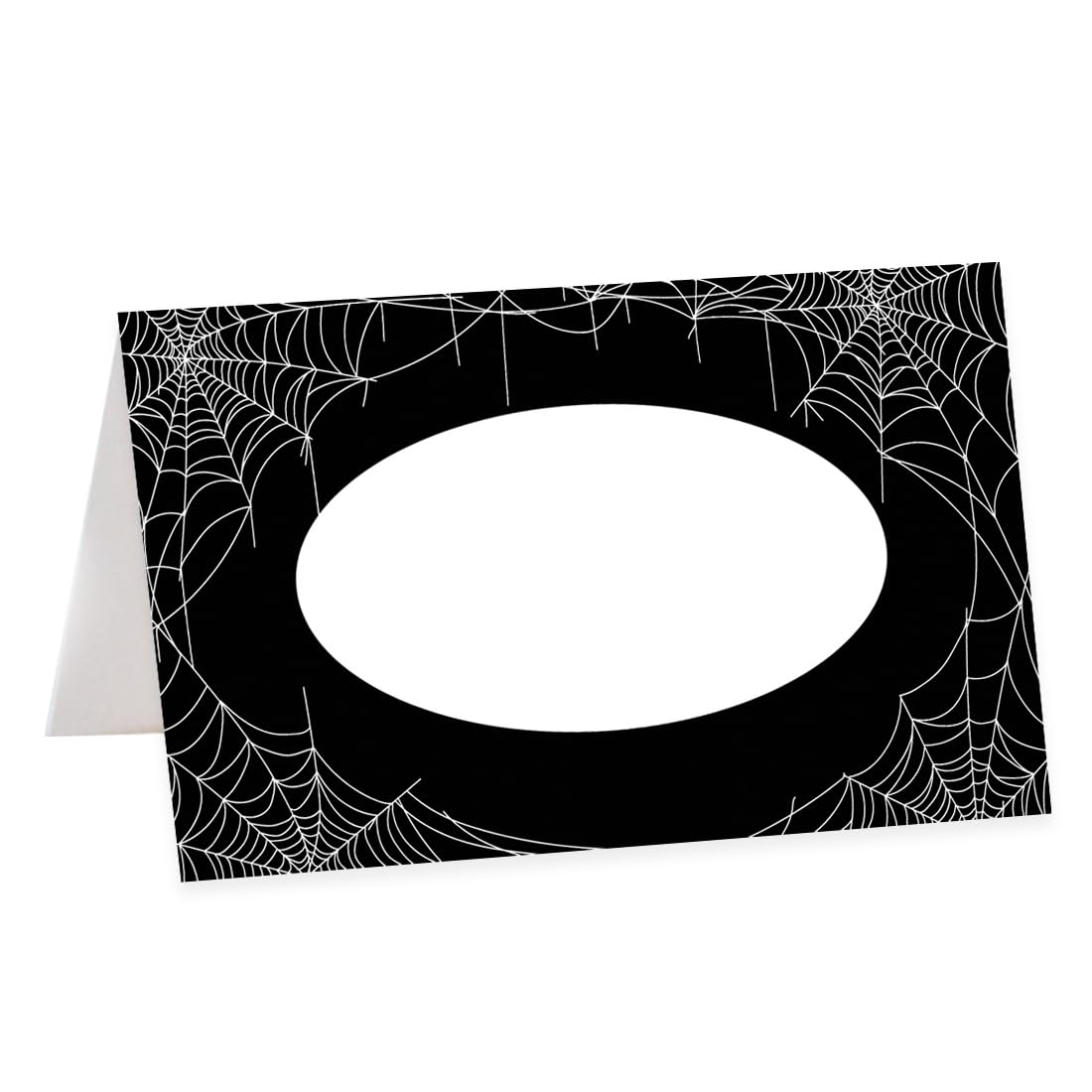 Andaz Press Halloween Name Place Cards for Table Setting, Black & White Webs Blank Food Labels for Party Buffet Cards, Dessert Table Display, Scored Mini Signs Food Display, 24 Pack 2 x 3.5