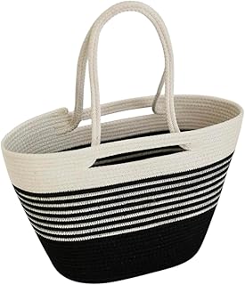 MZ Cotton Rope Storage Basket, Woven Beach Tote Bag with Handles, Black and White Striped Pattern