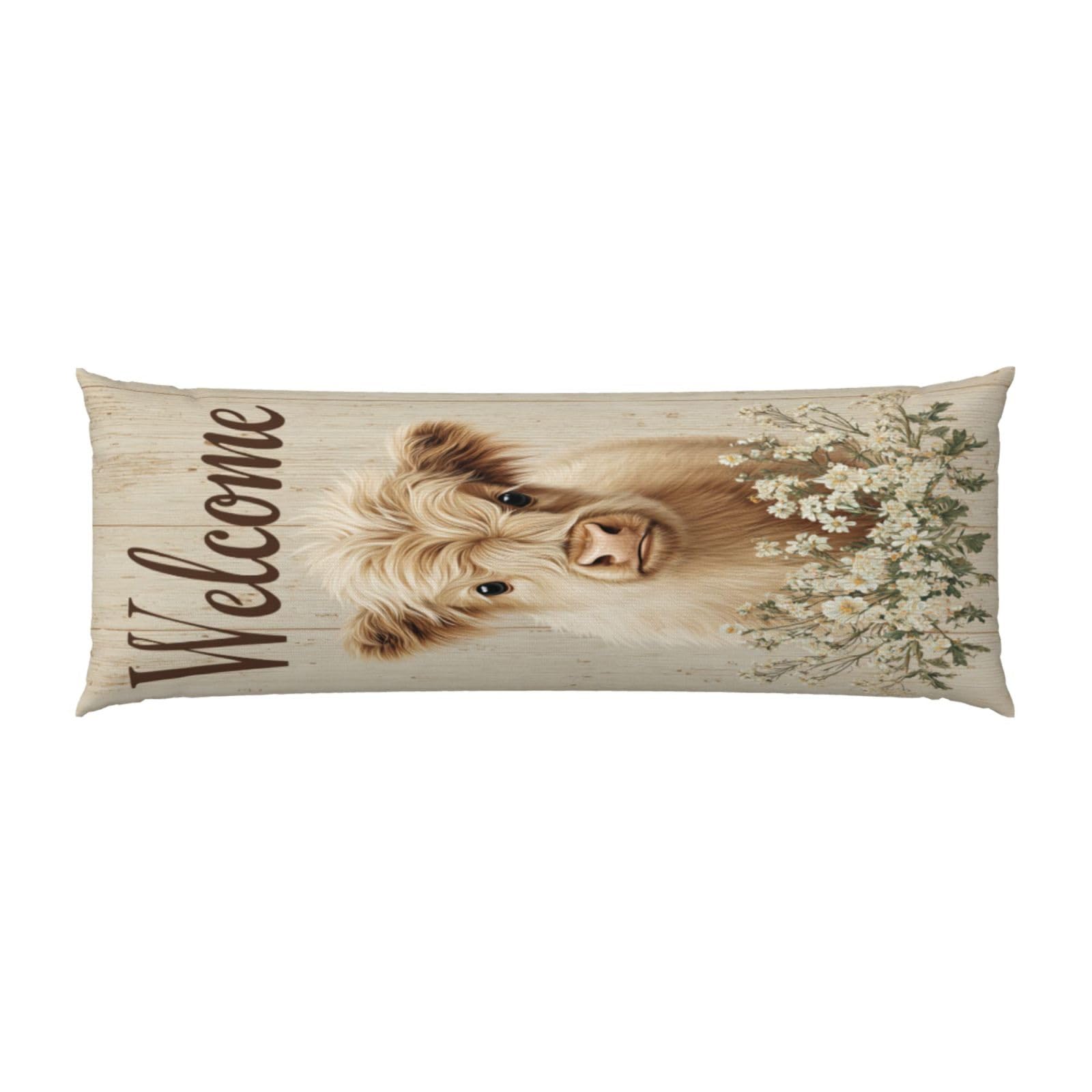Highland Cow With Flower On Vintage Wood Body Pillow Cover With Zipper Closure, Cozy Fuzzy Long Fleece Pillowcase Cover 20 X 54 Inches