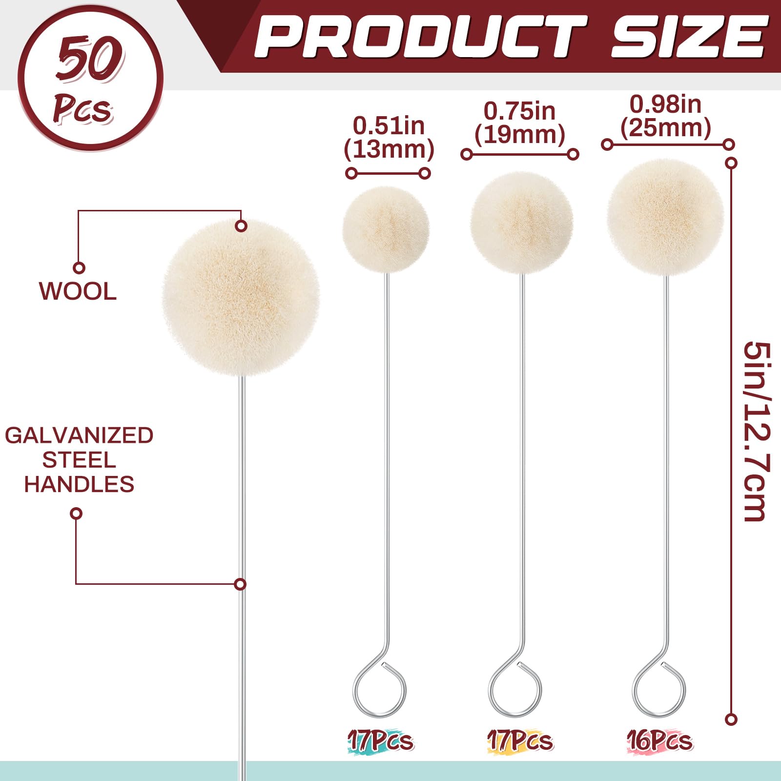 Briwooody 50 Pcs 3 Sizes Wool Daubers Ball Brush 0.51'' 0.75'' 0.98'' Dye Tool Applicator Tool for Leather Dauber with Metal Handle for Staining Crafting DIY Crafts Projects