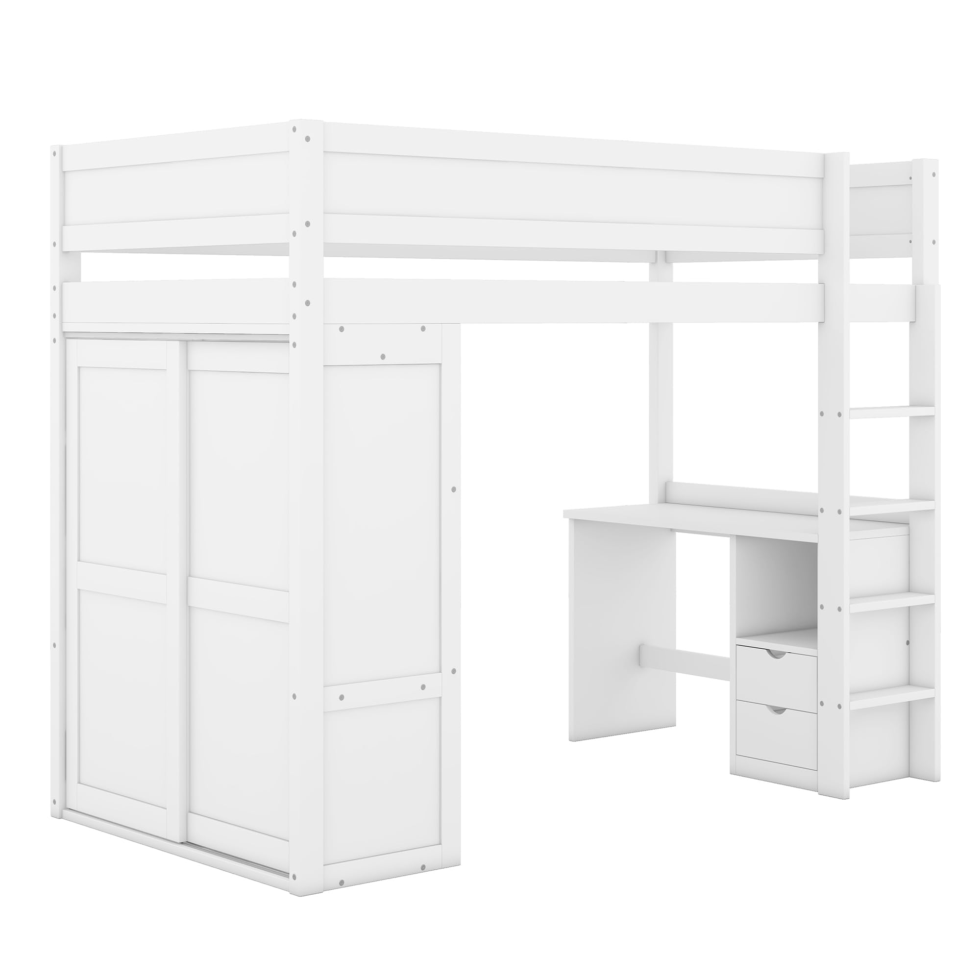 Moimhear Cama alta de 90x200cm, cama infantil versátil, equipada con armario, escritorio y cajones (Blanco)