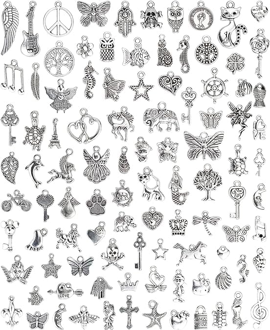 9Carat Wholesale Bulk Lots Jewelry Making Silver Charms Mixed Smooth Tibetan Silver Metal Charms Pendants DIY for Necklace Bracelet Jewelry Making and Crafting, 100 PCS
