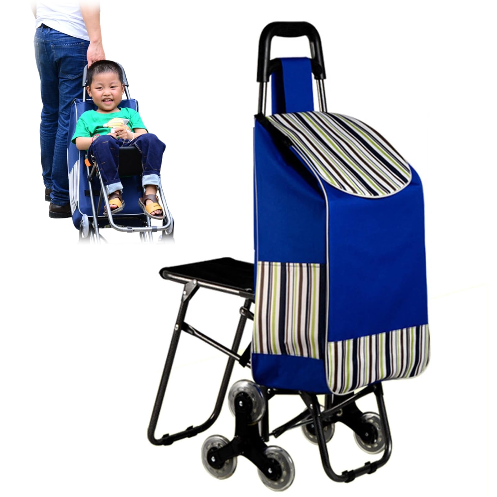 Shopping Trolley with Seat, Foldable Shopping Trolley on Wheels Portable Lightweight Collapsible Push&Pull Cart 6 Wheels Stair Climbing Grocery Trolleys Waterproof for Outdoor Shoppings