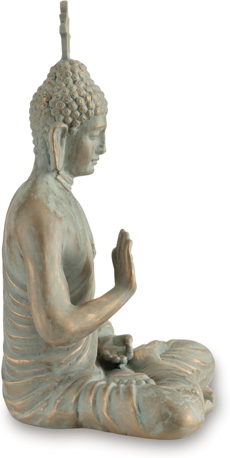Signature Design by Ashley Hosgrove Cultural Tabletop Paper Composite Sitting Buddha Sculpture, Metallic & Green