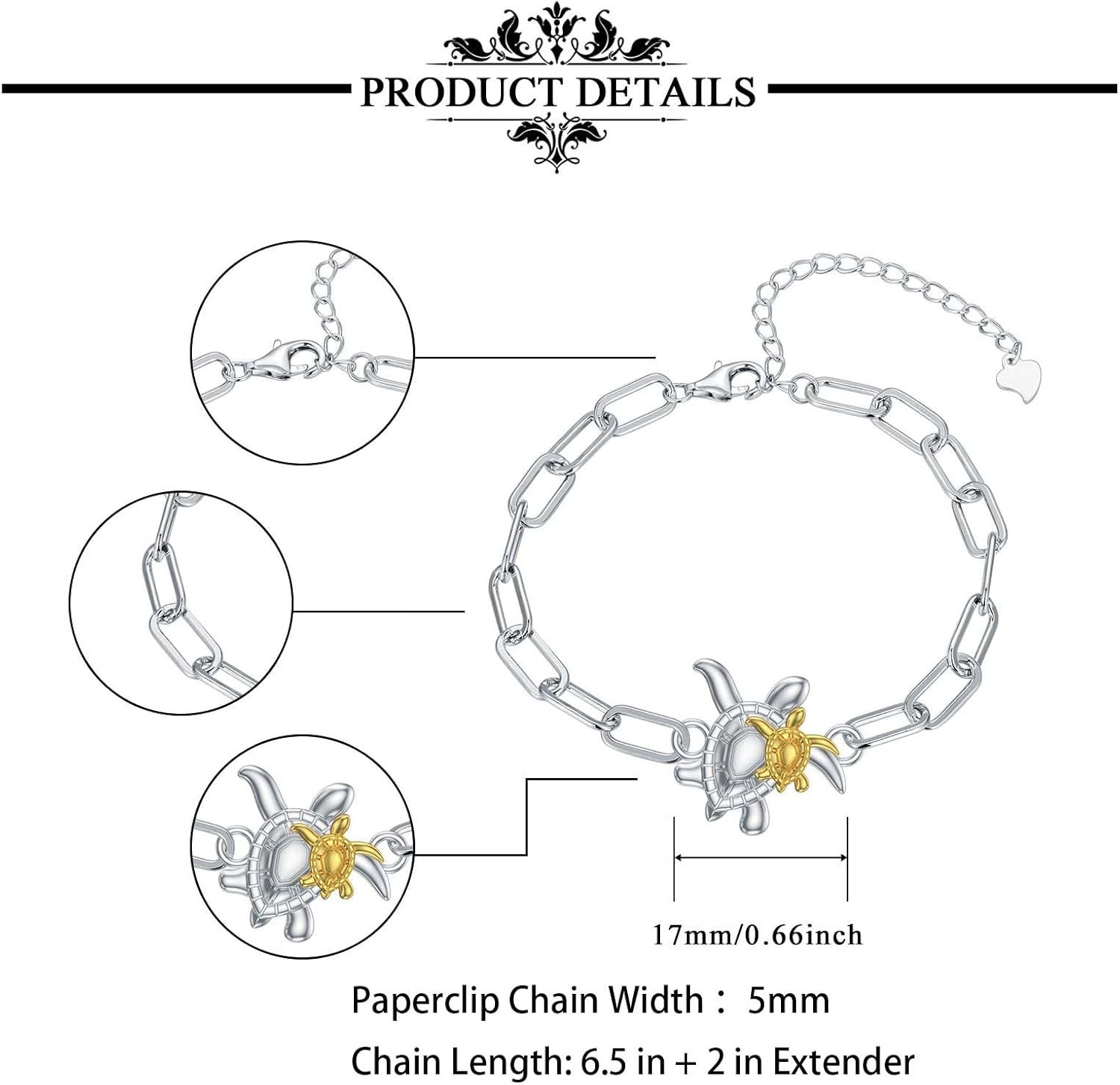 Infinity/Cross/Turtle/Elephant/Sunflower/Bee Adjustable Bracelets Paperclip Chain Bracelet 925 Sterling Silver for Women Birthday Mothers Day Jewelry Gifts for Her-6.5+2 Inch