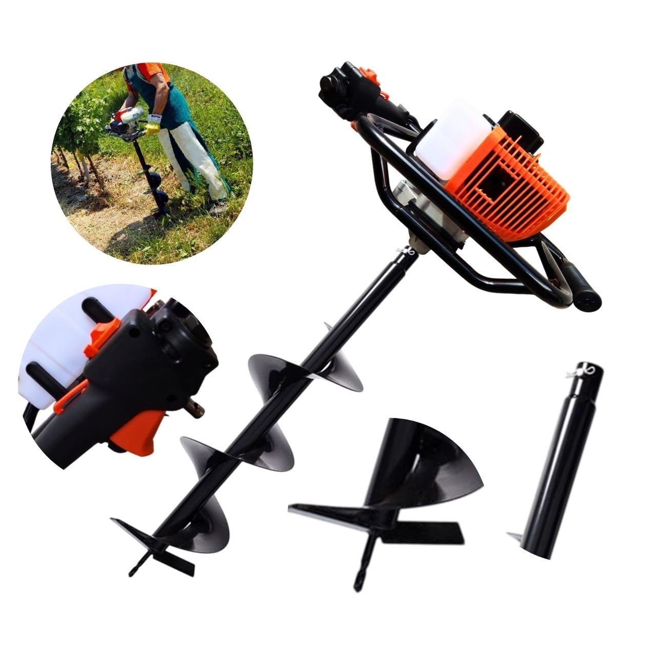 Trivella a Scoppio Mototrivella Professionale 52cc - Con 3 Punte da 100, 150, 200mm - Ideale per Pali da Recinzione, Giardinaggio, Bricolage e Costruzioni