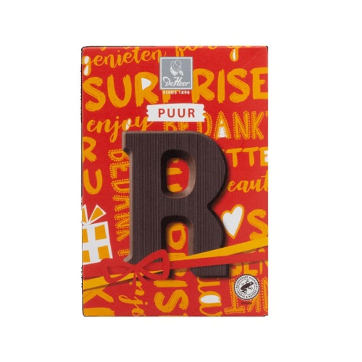 De Heer Baronie Pure Chocolade Letter (Dark Bittersweet Chocolate initials) Small size 2.25 oz / 65 gr (Letter ( R ) Dark / Puur)