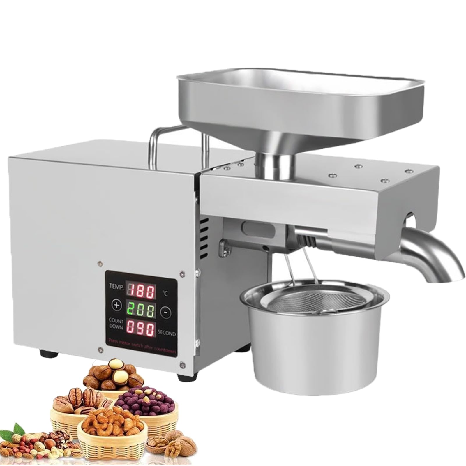 Prasa Do Oleju O Mocy 610 W, Dwa Tryby: Gorący/zimny, Produkcja Oleju: 60-70%, Regulacja Temperatury 40-240°C, Stal Nierdzewna 402, Do Zastosowań Komercyjnych/domowych/rzepakowych,Silver