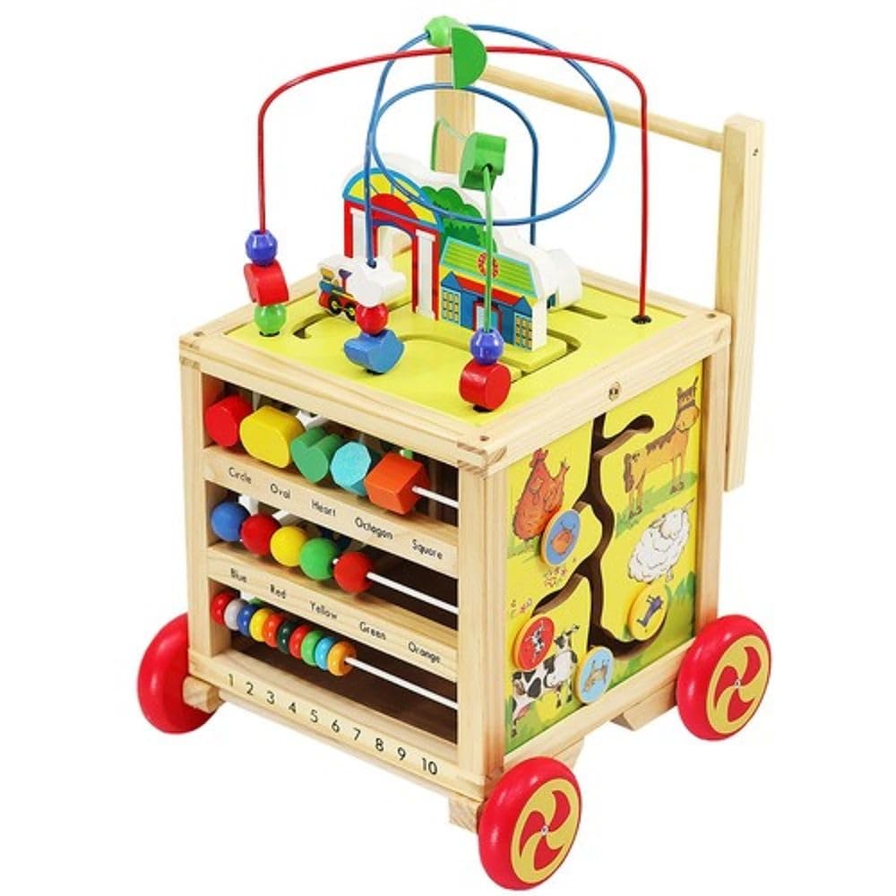 Cubo de Actividades. Andador de Madera para Bebé – Cubo de Actividades 5 en 1 con Laberinto de Cuentas, Juegos Educativos y Motricidad – Juguete de Aprendizaje para Niños a partir de 12 Meses.