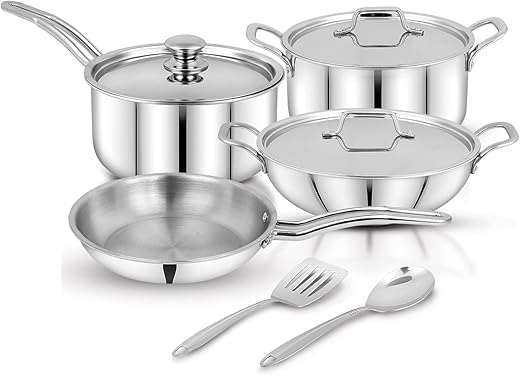 Pigeon TriSteel Triply 9Pcs Stainless Steel Cookware Set-Kadai 20cm with lid |Frypan 20cm|Saucepan 16cm with Lid|2 Ladles|Casserole 20 with lid| Induction&Gas Stove Compatible...