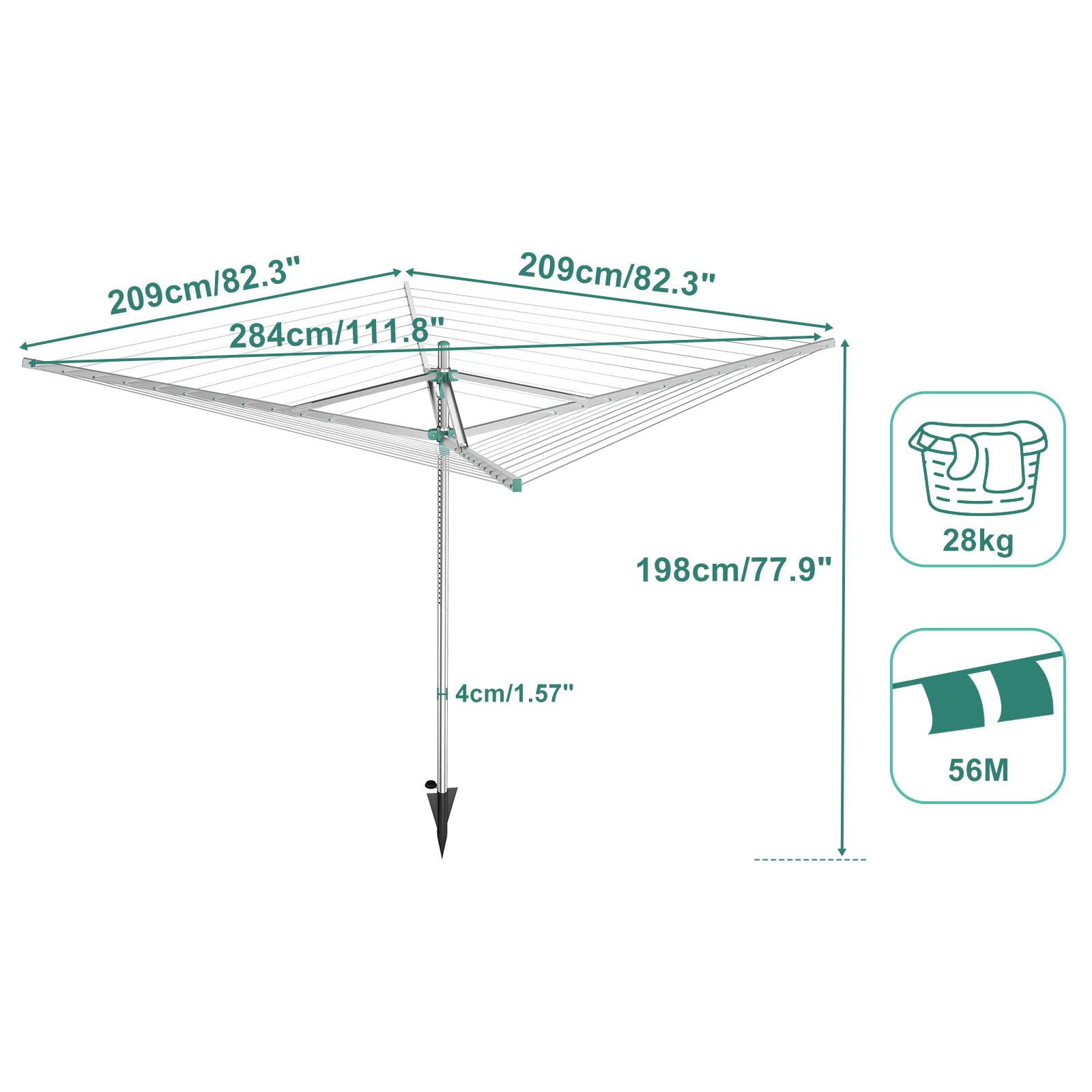 Innotic Tendedero para Exteriores, 4 Brazos 56 m, Tendedero Rotary Lift-O-Matic, Acero Inoxidable, Impermeable, Regulable en Altura, Apto para jardín, Capacidad máxima de Carga: 28 kg