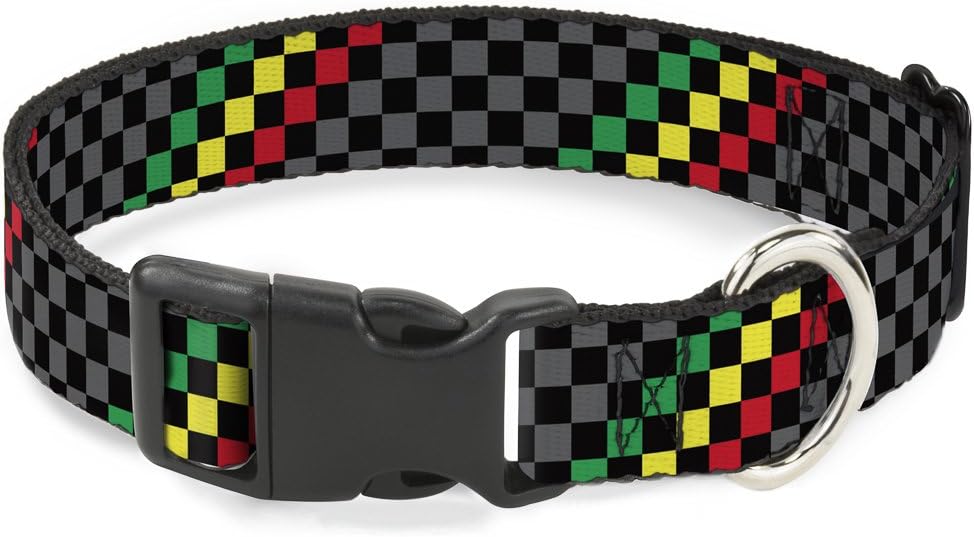 Buckle-Down Plastic Clip Collar - Checker Stripe Black/Gray/Rasta - 1.5" Wide - Fits 18-32" Neck - Large