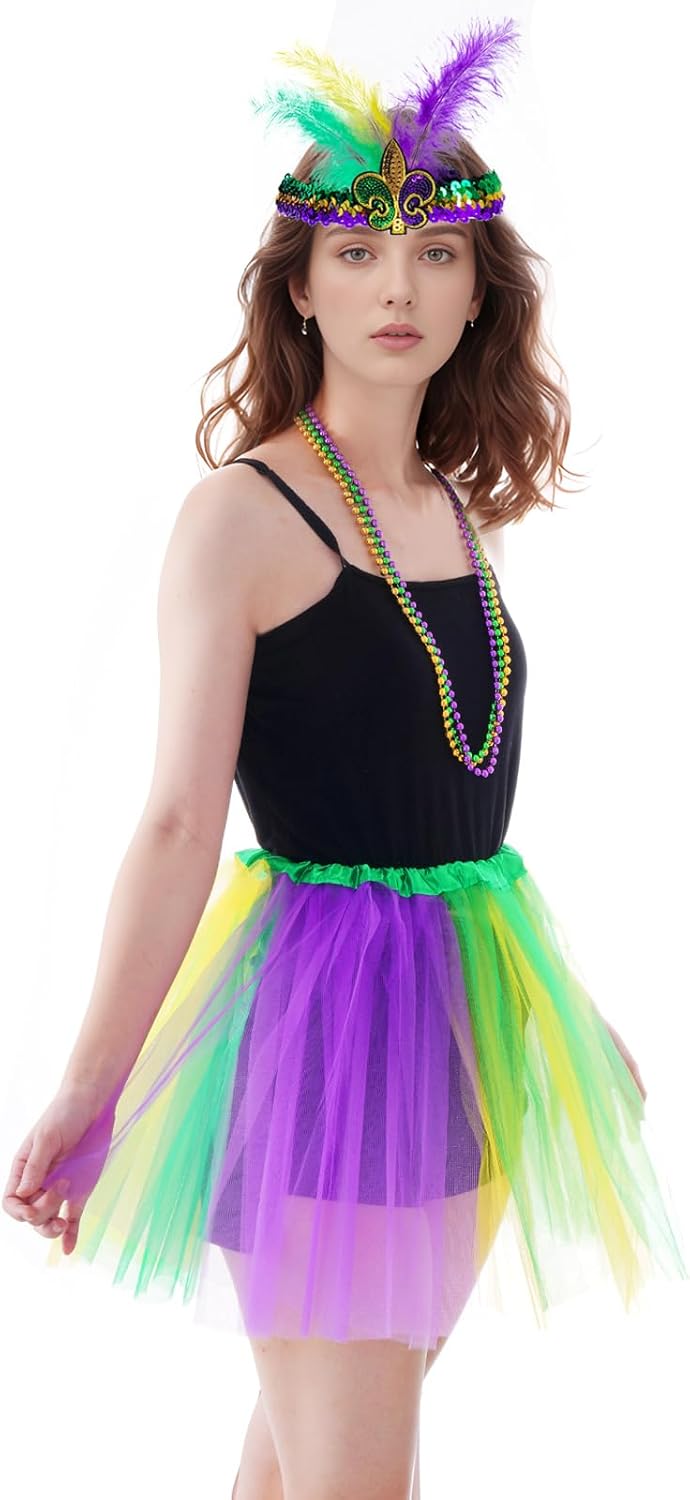 Mardi Gras Tulle Tutu Skirt with Feather Headband and Beads for Women Girls, Yellow Green Purple Masquerade Costume Accessories - Image 4