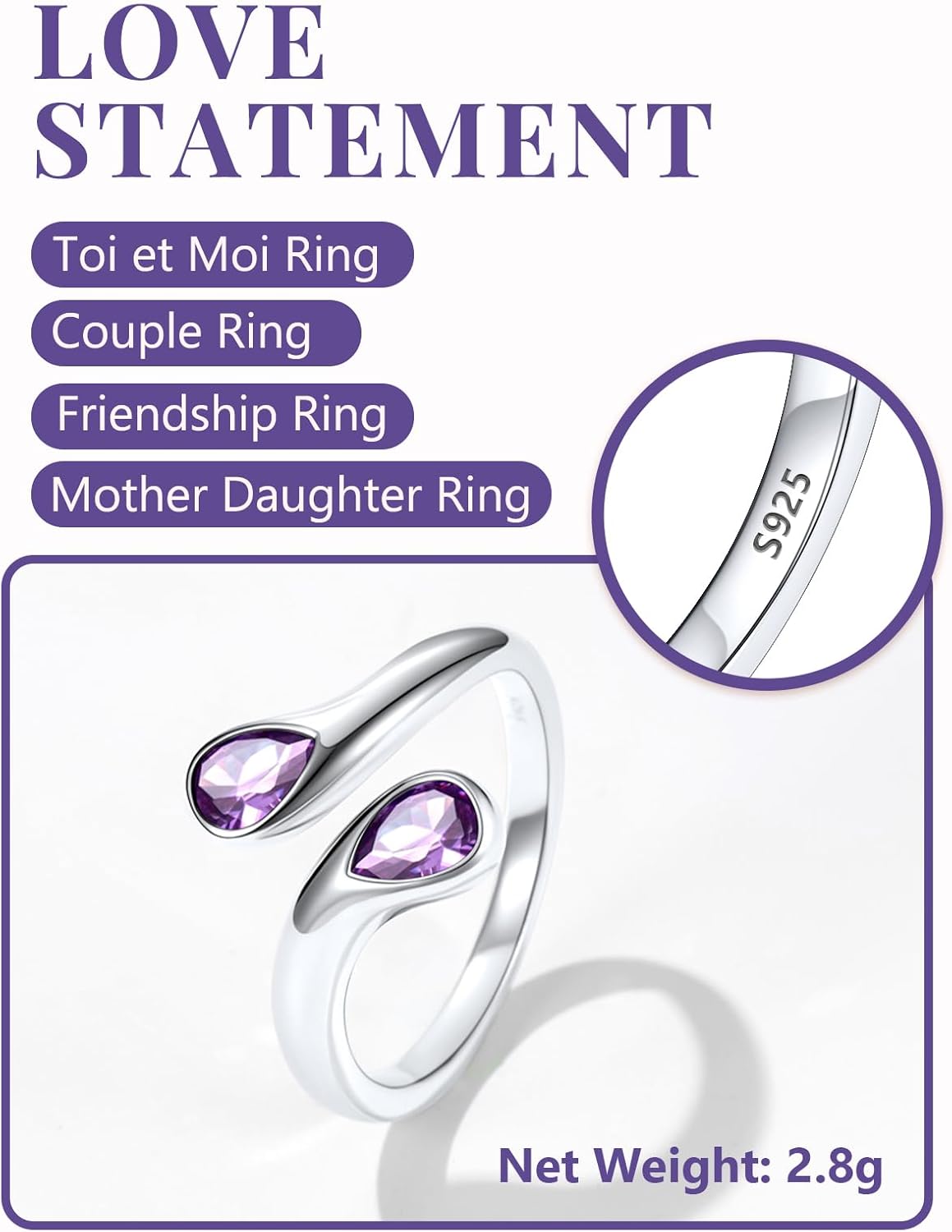 Silvora 925 Sterling Silver Adjustable Ring Wrap Birthstones Open Rings for Women Ring with 2 Pear Shaped Gemstone, Birthstone Ring for Mother - Image 5