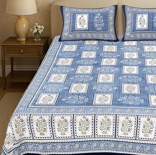 Image of Jaipur Weaves Jaipuri Double Bed Cotton Bedsheet Queen Size 90x85, 120 TC 100% Pure Cotton Bed Sheet with 2 Pillow Covers, Floral Traditional Print (Blue Blocks, Double)