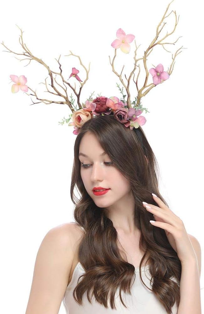 XIDAJIE Deer Antler Flower Crown Headbands Halloween Chritmas Long Antler Flower Branches Headband Props Horns Headpieces Hair Band Photo Shoot Forest Goddess Headdress Headwear, Light Brown - Image 5