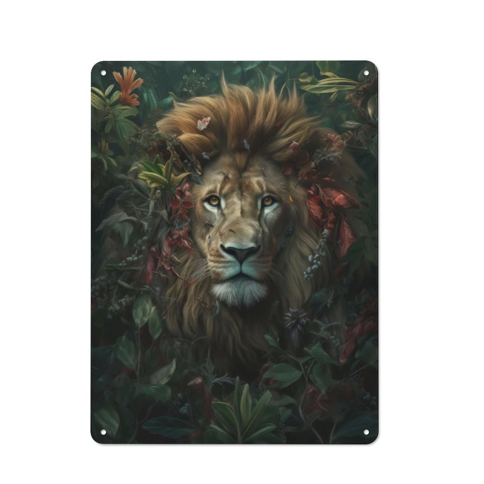 Junmoney Whimsical Flowers Lion Tin Wall Plaque 40X30cm With For Guest Room Or Hallway, For Hallway Wall Decor Fans