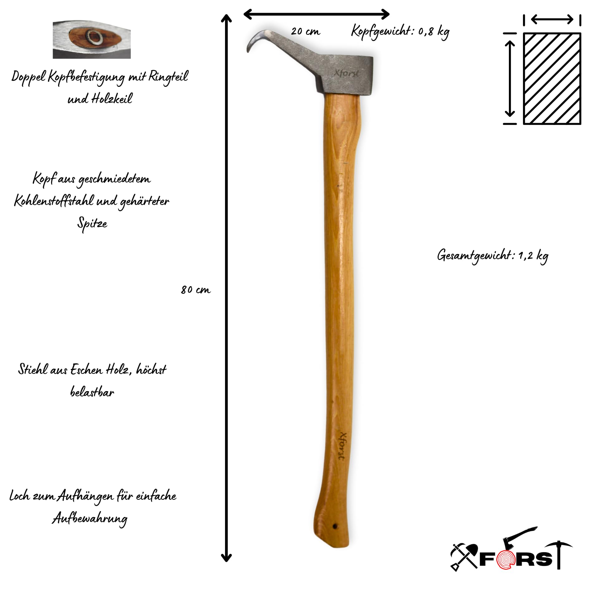 Xforst X-P88 Sapie Sappie es ideal para mover y recoger troncos y piezas de madera. Con mango de fresno de 80 cm y cabeza robusta de 0,8 kg de acero al carbono forjado.