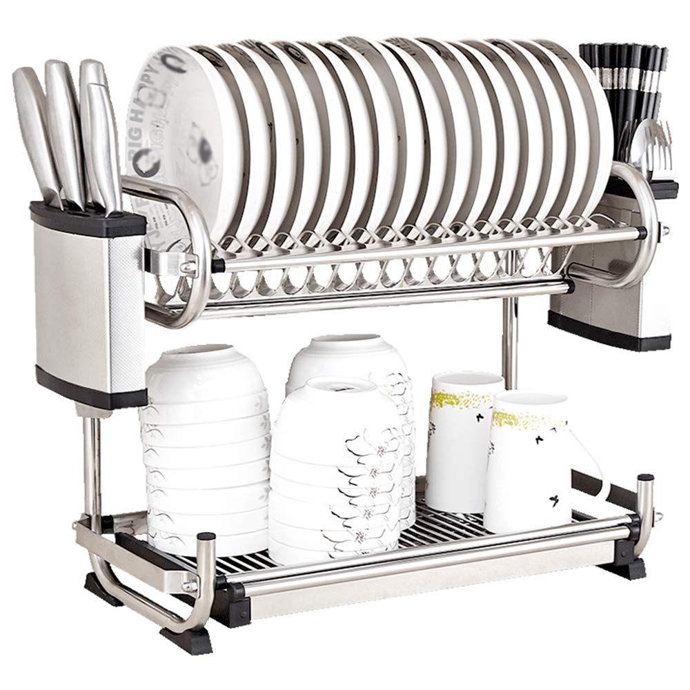 Escurridor de platos grande de 2 niveles para encimera de cocina, estante organizador de acero inoxidable con soporte para utensilios