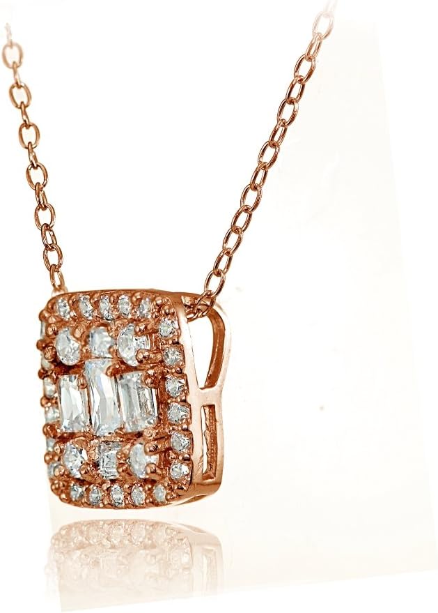 Hoops & Loops Sterling Silver Cubic Zirconia Baguette and Round Cut Square Necklace - Image 2