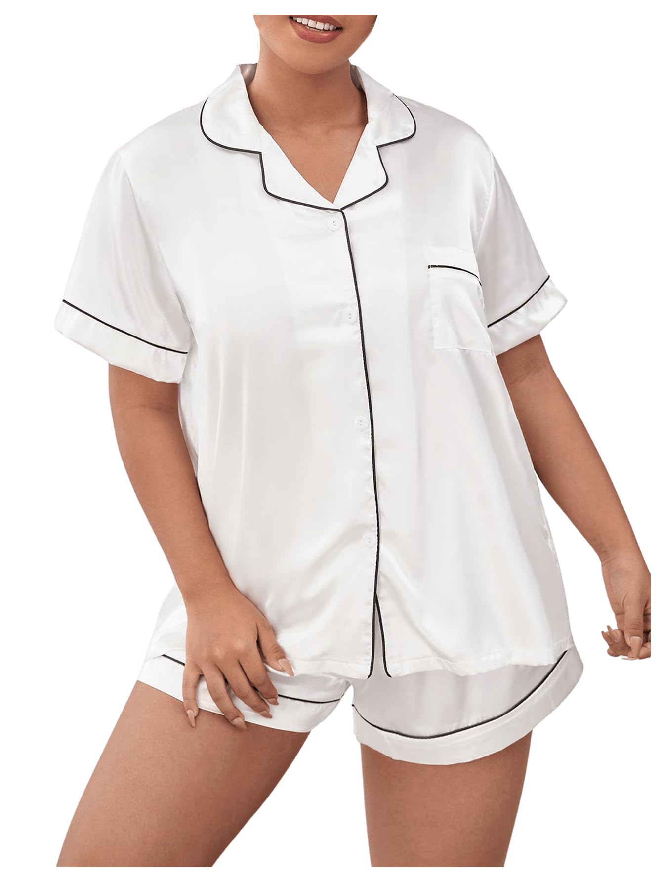 WDIRARA Women's Sleepwear Button Front Short Sleeve Collar Shirt and Shorts Satin Pajama Set